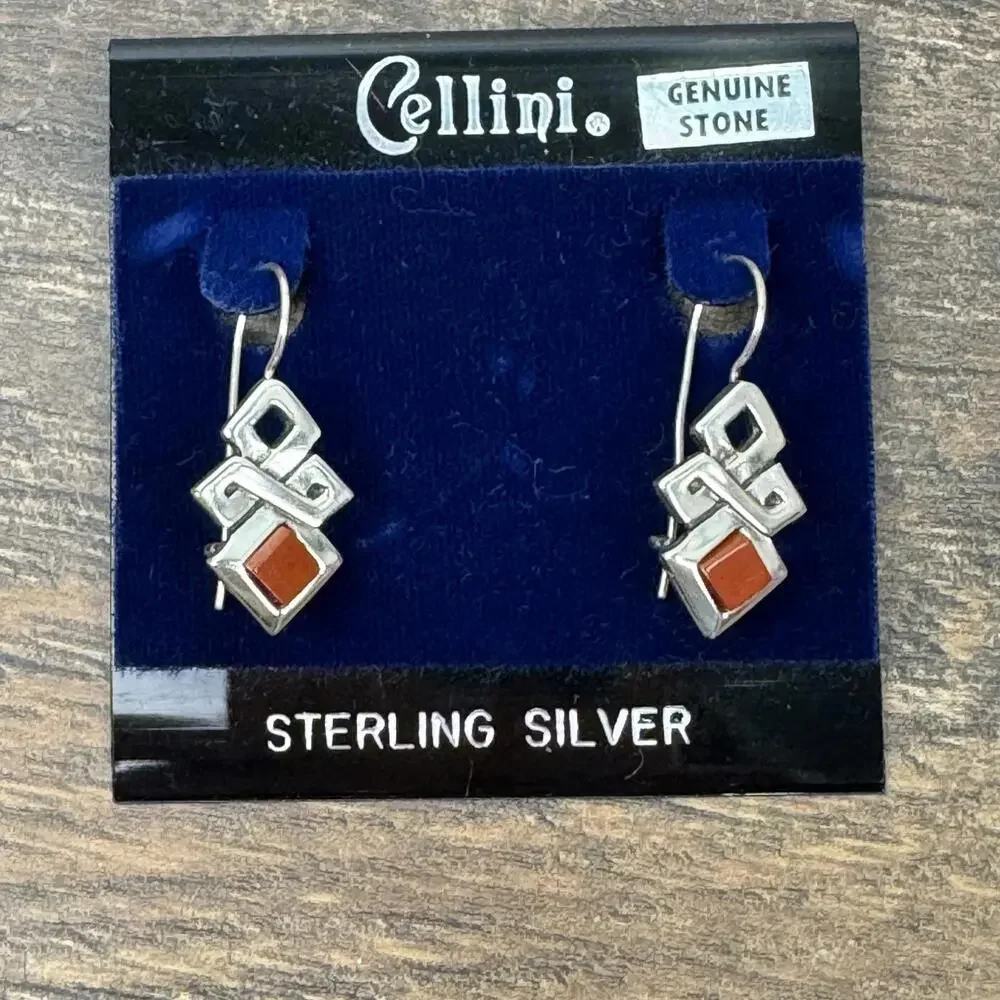 Cellini‎ Sterling Silver Filigree Dangle Earrings Orange Carnelian